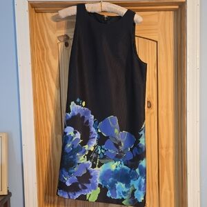 Tahari ASL Black Midi Dress with Blue and Green Floral Accents